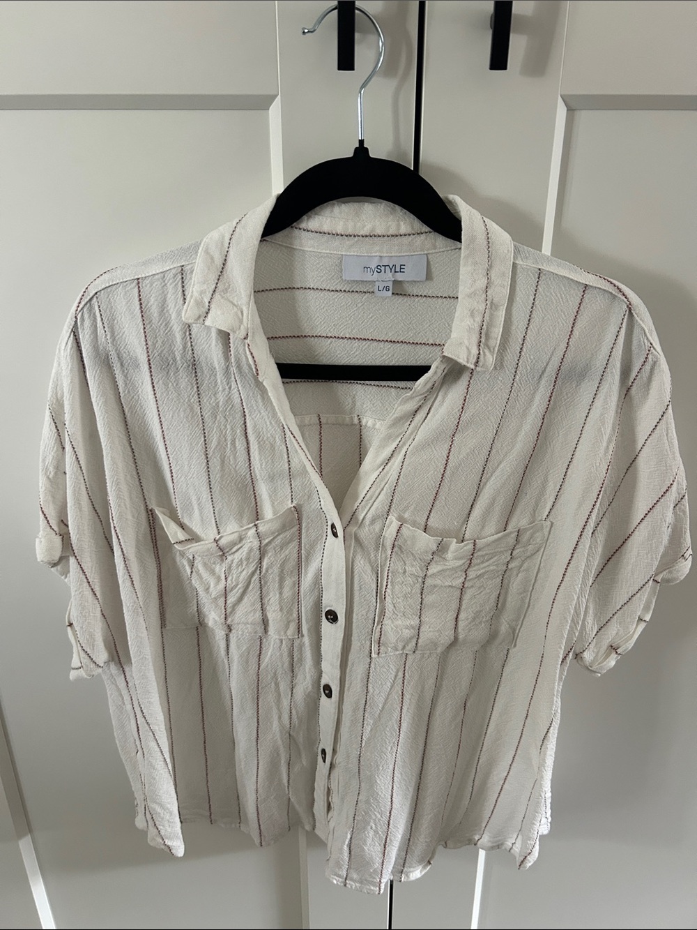 mySTYLE Cream Short-Sleeve Button-Up Blouse with Subtle Stripes